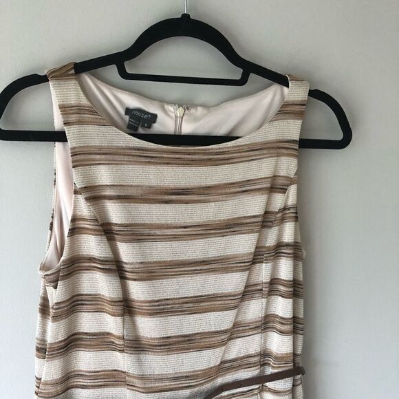 Muse Sleeveless Beige/Brown Striped Metallic Belted Fit And Flare Dress Size 8 - Picture 4 of 13